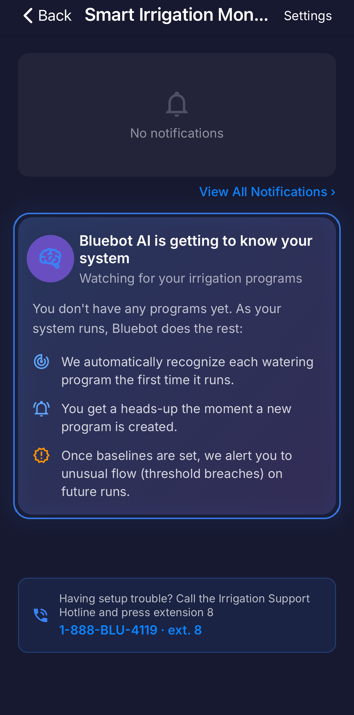 Full screen: the 'Bluebot AI is getting to know your system' card shown while it learns your programs.
