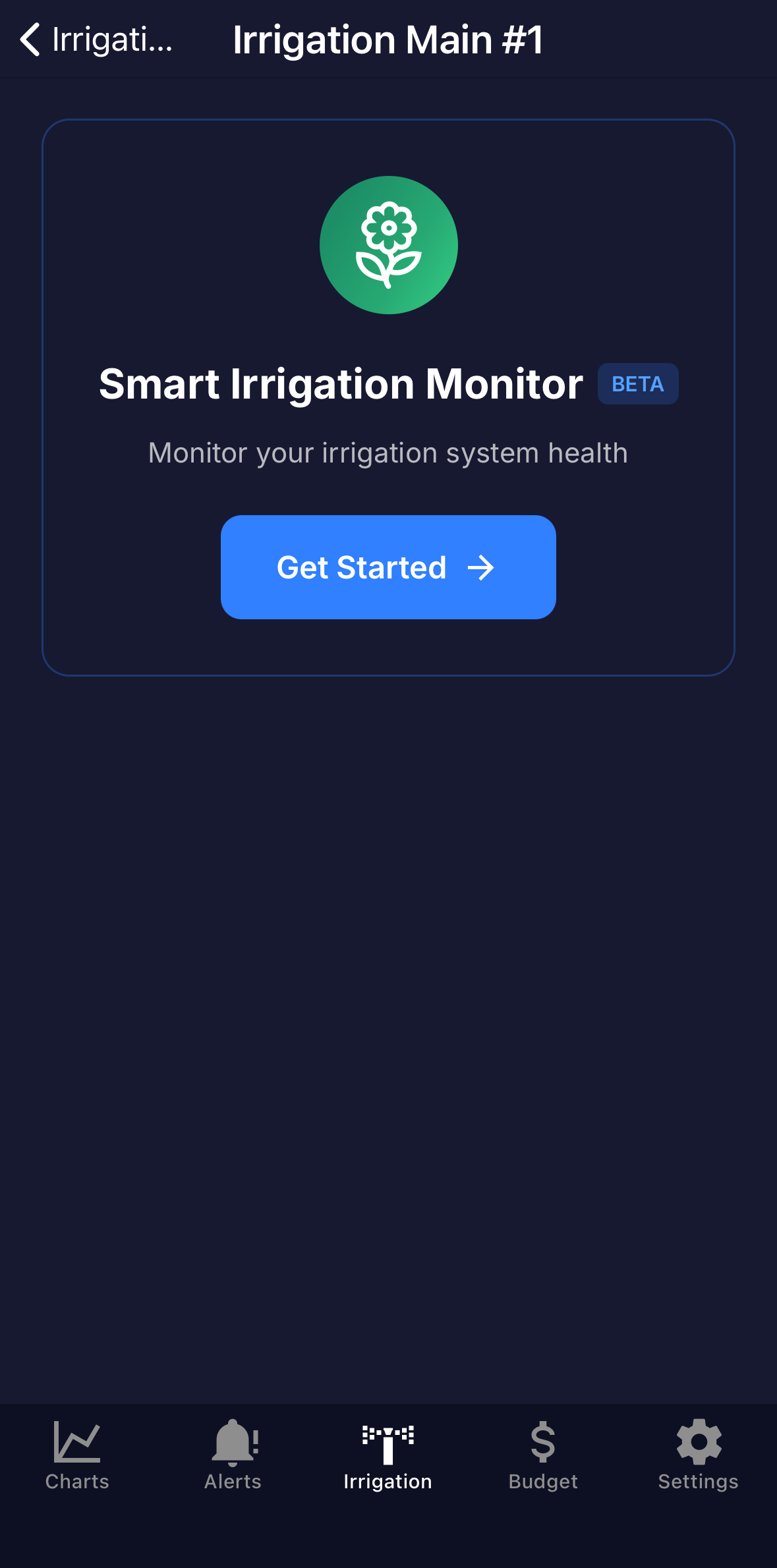 Full screen: the Irrigation tab on a device, showing the Smart Irrigation Monitor screen with the Get Started button.