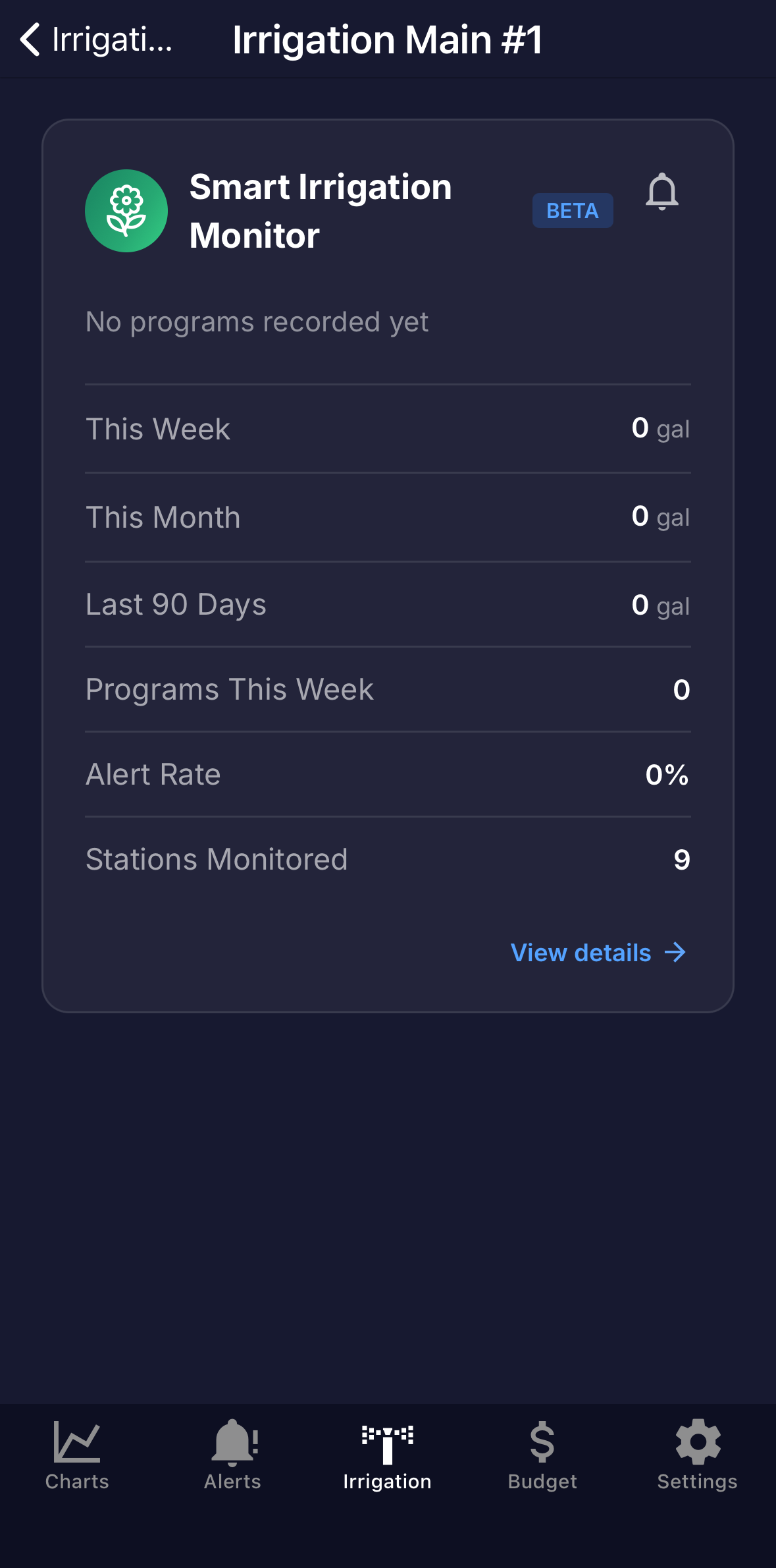 Full screen: the Irrigation tab showing the 'No programs recorded yet' card, before any programs have been detected.