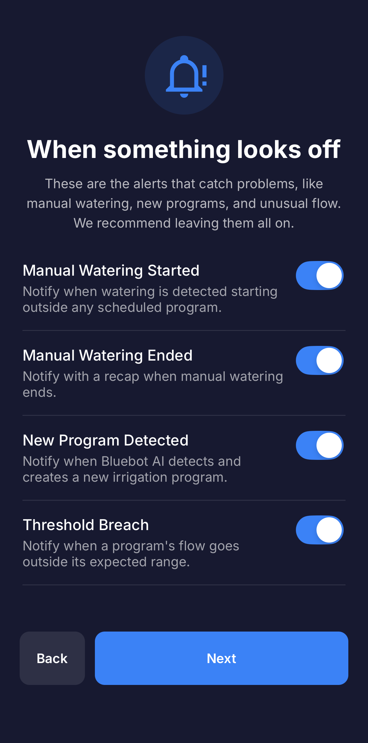 Full screen: the 'When something looks off' step with the manual watering, new program, and threshold breach toggles.