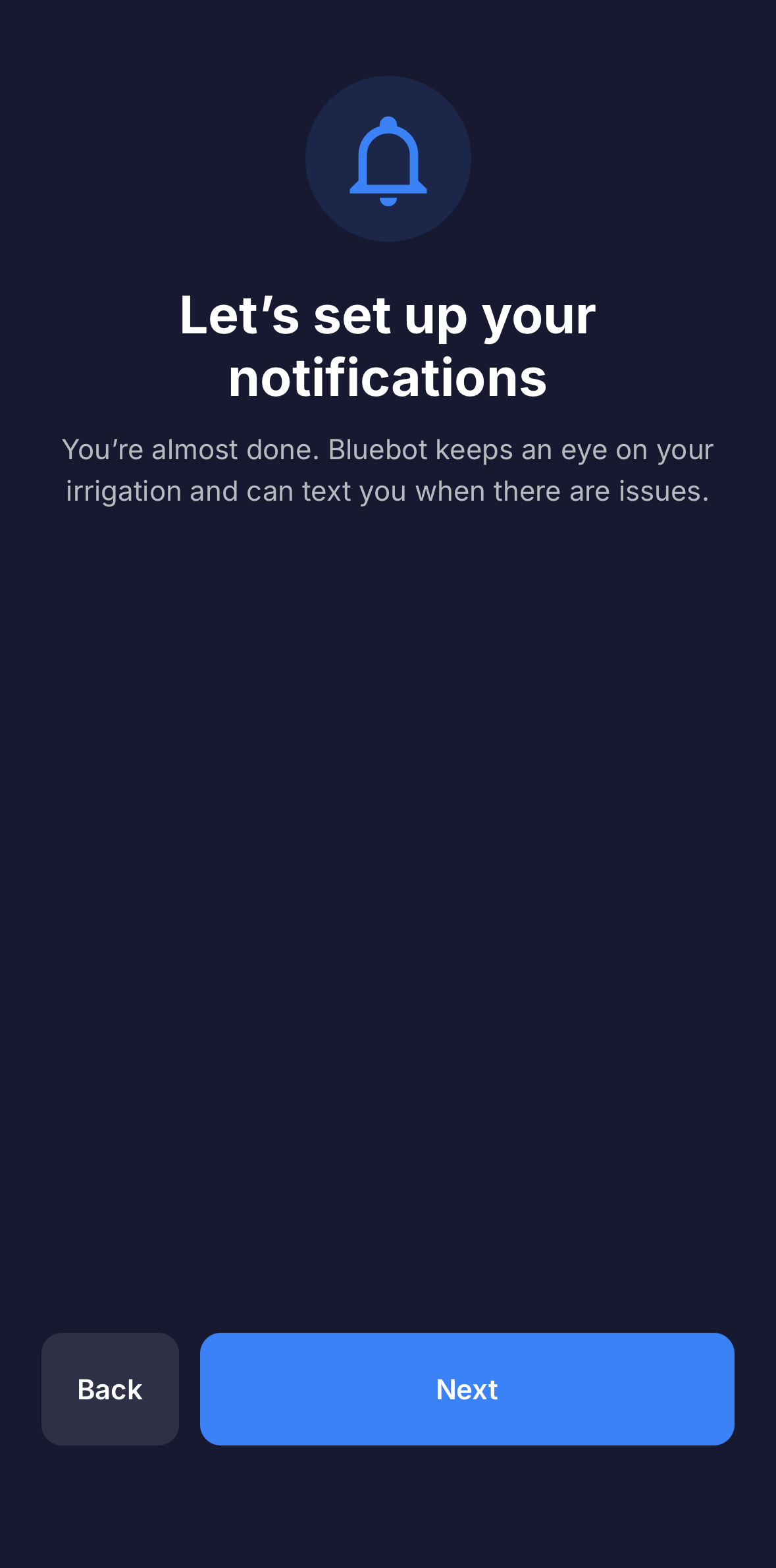 Full screen: the 'Let's set up your notifications' intro screen with the bell icon and a short explanation.