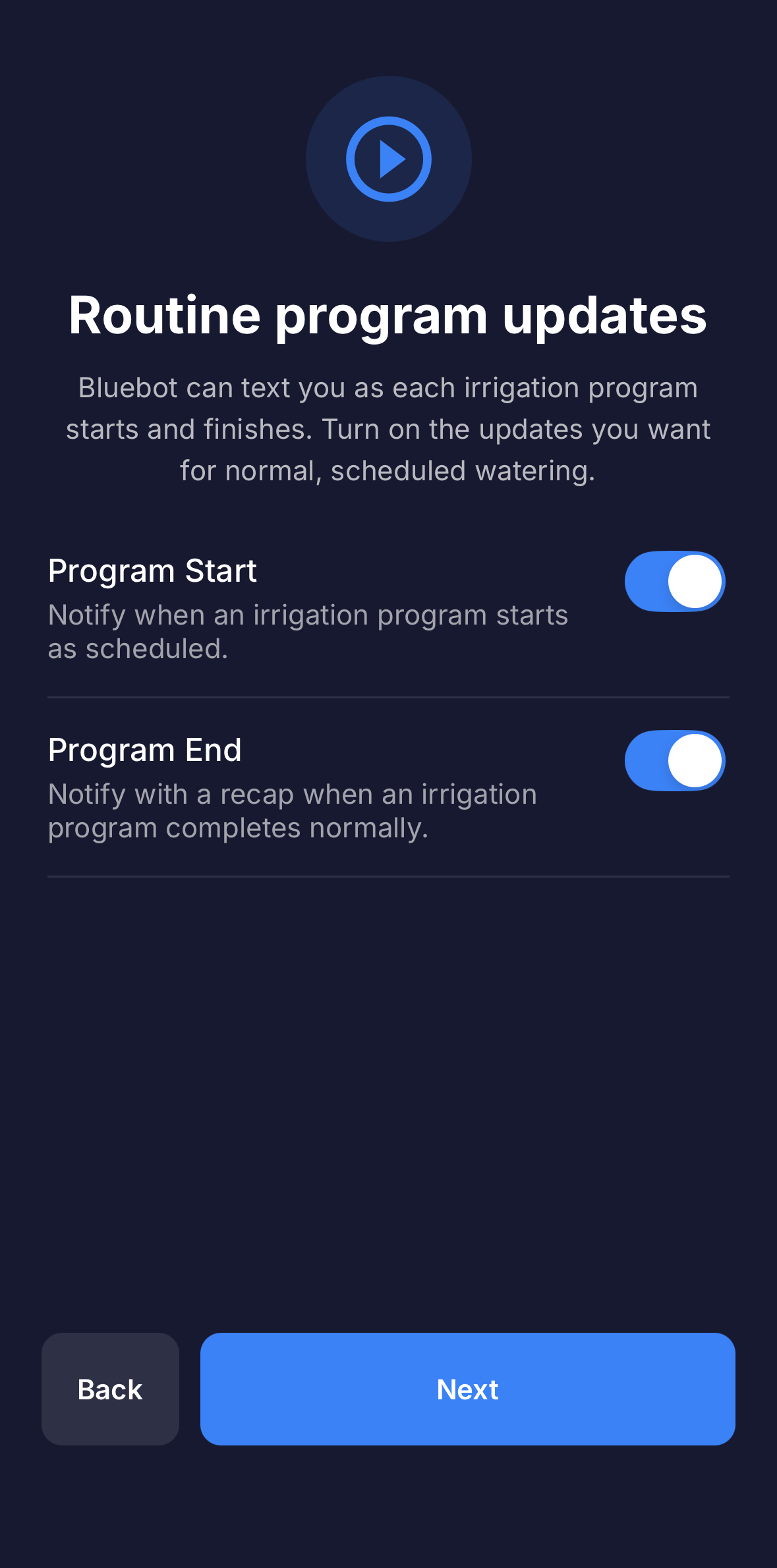 Full screen: the 'Routine program updates' step with the Program Start and Program End toggles.