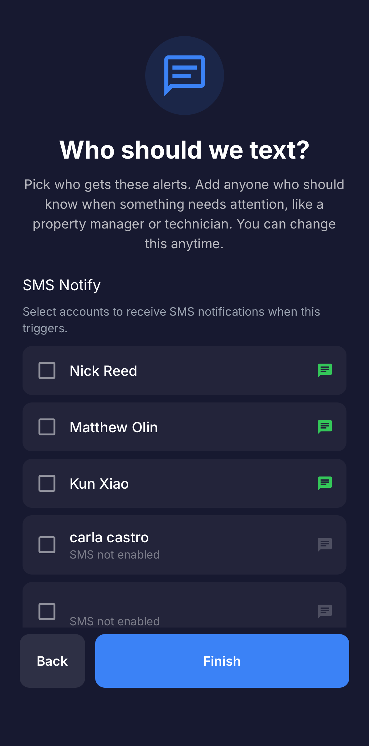 Full screen: the 'Who should we text?' step of the notification wizard, choosing who receives the alerts.