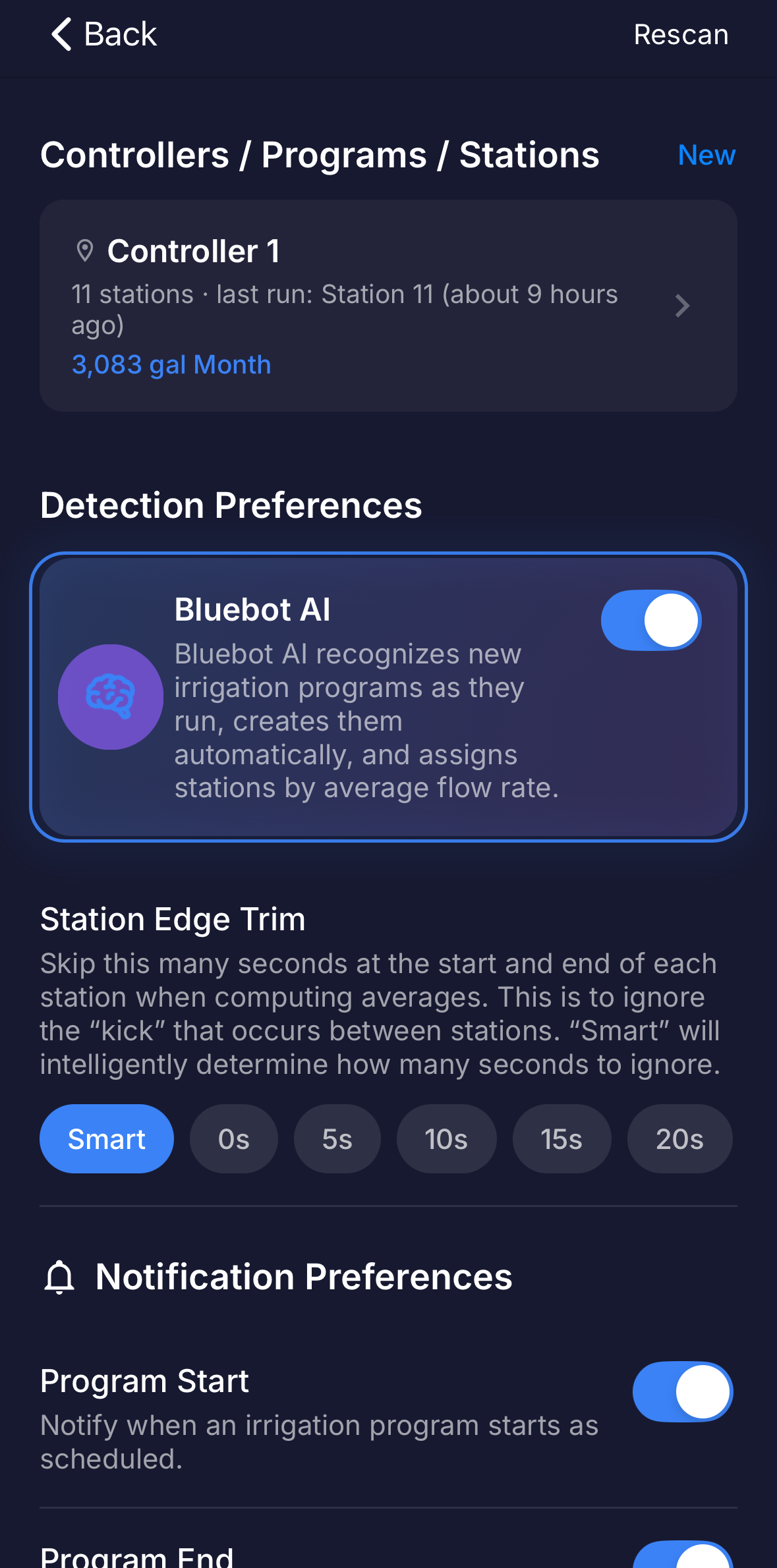 Full screen: the Settings screen showing the Detection Preferences and Notification Preferences sections.