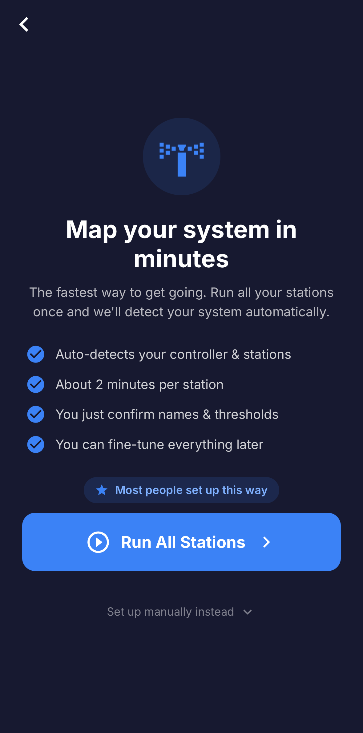 Full screen: the setup choice screen with 'Run All Stations' (recommended) at the top and a collapsed 'Set up manually instead' option below.