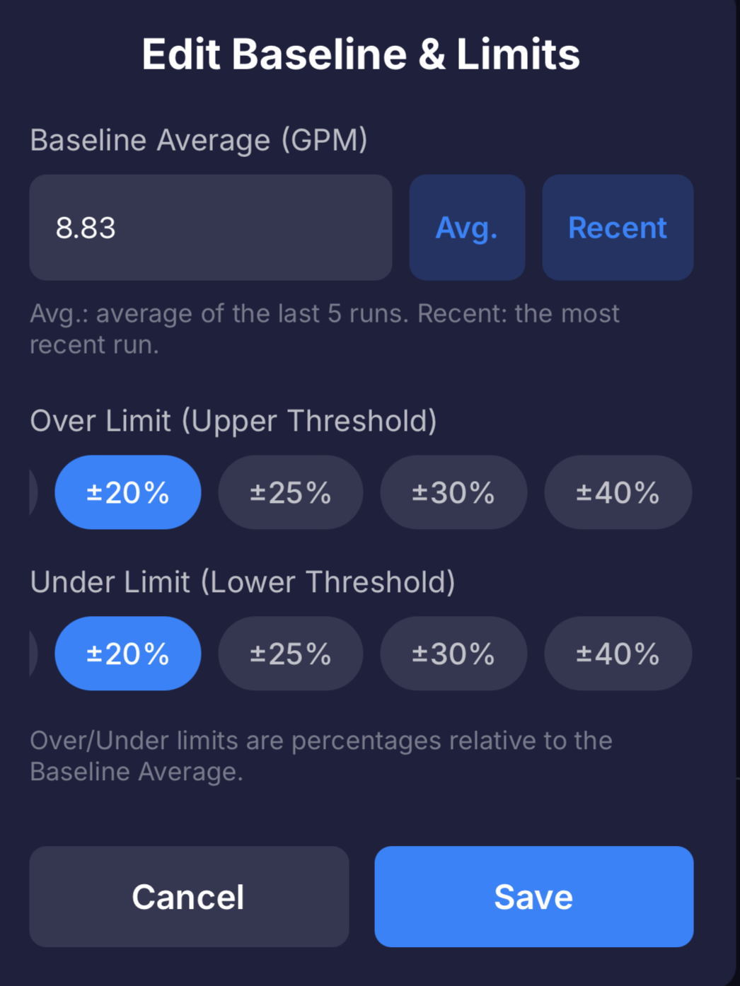 Cropped to the 'Edit Baseline & Limits' editor: the Baseline Average field with Avg. and Recent buttons, and the Over and Under limit pickers.
