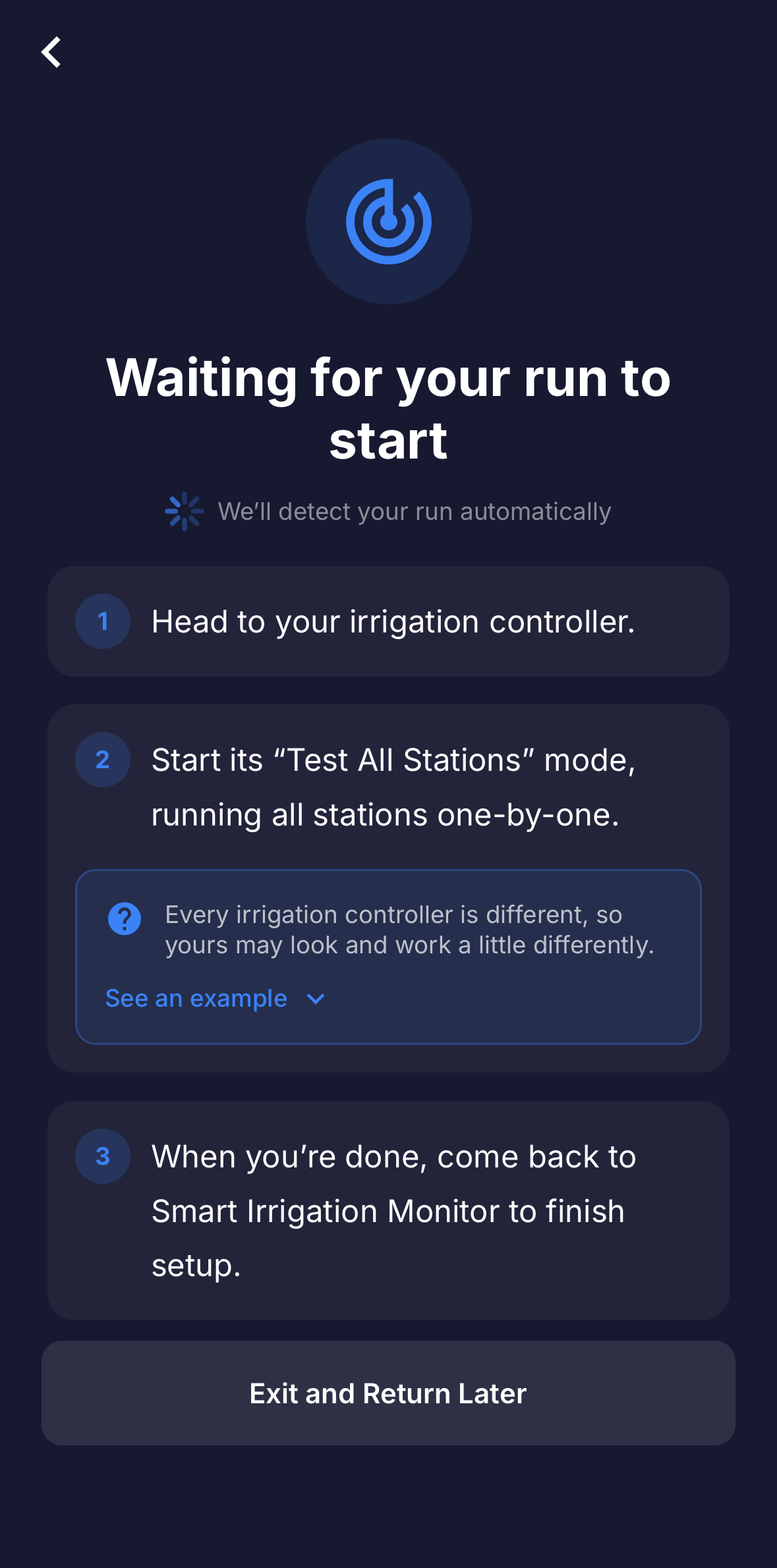 Full screen: the 'Waiting for your run to start' screen with the numbered instructions and the 'We'll detect your run automatically' indicator.